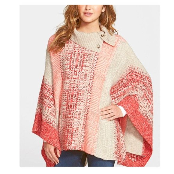 Caslon Jacquard Button Cowl Neck Sweater-Knit Poncho Red Salmon Gray Sz XS/S - Picture 1 of 13